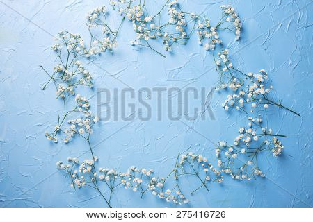 Frame From Fresh White Gypsofila  Flowers On Blue Textured Background. Top View. Flat Lay. Place For