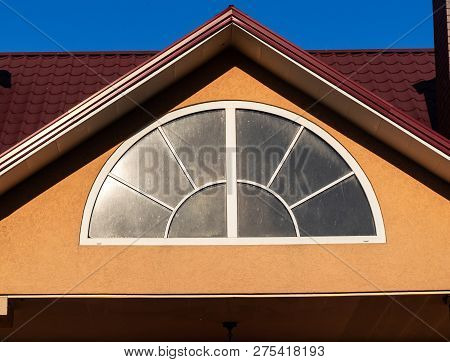 Arched Window With White Frame, Close Up, House Exterior
