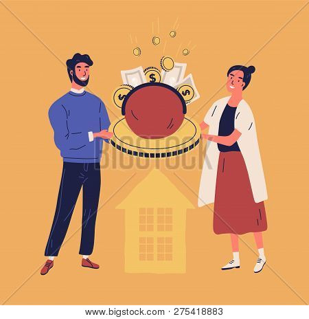 Happy Man And Woman Holding Purse Or Wallet With Coins And Banknotes. Concept Of Family Or Household