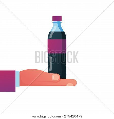 Bottle Of Soda Hold In Hand. Refreshing Drink In Plastic Tarre. Vector Illustration Flat Design. Iso