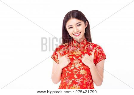 Chinese Woman Wear Qipao For Chinese New Year Day With Attractive Smile, Isolated On White Backgroun