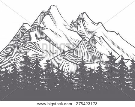 Hand Drawn Nature Landscape With Mountains And Fores Silhouette. Mountain Landscape And Adventure Ou