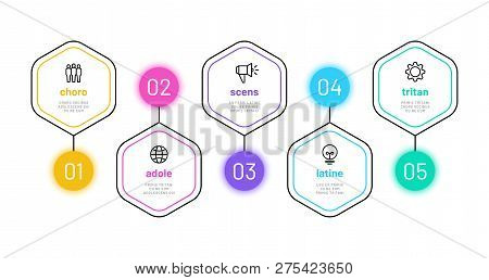 Line Option Infographic. 5 Number Infograph, Business Process Steps Chart With Outline Icons. Projec