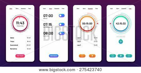 Clock User Interface. Alarm Stopwatch Timer Ui Mobile Phone. Time App Vector Design. Illustration Of