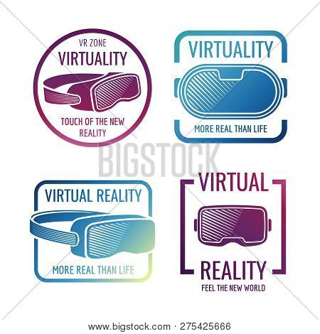 Color Futuristic Helmet Virtual Reality Headset Logos. Vr Glasses Head-mounted Display Vector Labels