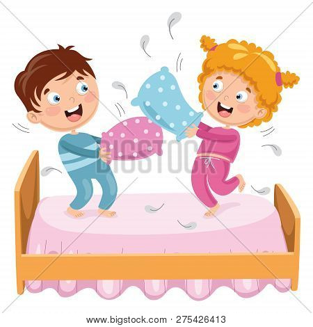 Vector Illustration Of Kids Playing Pillow Fight