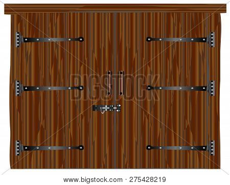 A Large Closed Wooden Barn Double Door With Bolt And Hinges