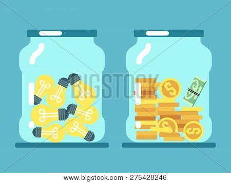 Saving Money And Ideas. Coins And Lamps In Glass Jars Vector Illustration. Financial Cash And Idea I