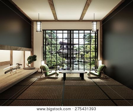 Interior Design,modern Living Room With Table Katana Sword Lamp And Bonsai Tree On Room Tatami Mat F