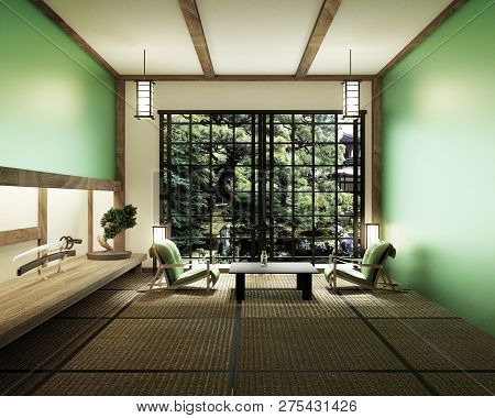 Interior Design,modern Living Room With Table Katana Sword Lamp And Bonsai Tree On Room Tatami Mat F