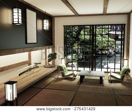 Interior Design,modern Living Room With Table Katana Sword Lamp And Bonsai Tree On Room Tatami Mat F