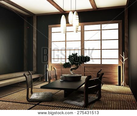 Interior Design,modern Living Room With Table Katana Sword Lamp And Bonsai Tree On Room Tatami Mat F