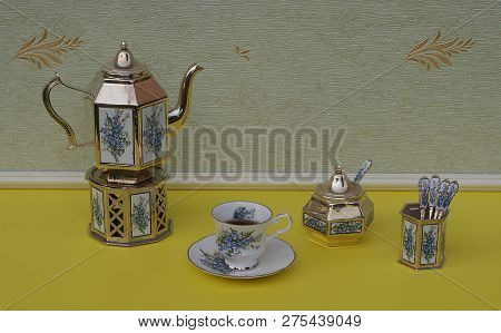 English Teacup, Saucer, Silver-plated Teapot On A Silver Stove, Spoon Vase And Teaspoon, Sugar Bowl 