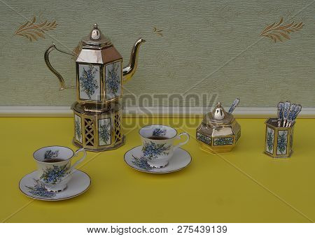 Tea For Two, English Teacups, Saucers, Silver-plated Teapot On A Silver Stove, Spoon Vase And Teaspo