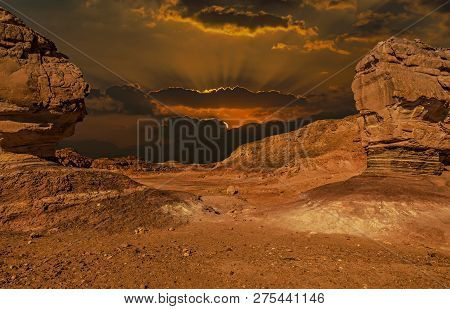 Volcanic Landscape In Geological Timna Park, Israel. It Is Located 25 Km North Of Eilat And Combines