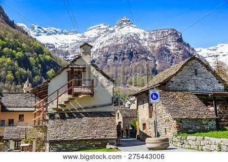Sonogno, Switzerland - 21 April 2018 - Traditional Rustic Stone Houses In Sonogno Village In Locarno