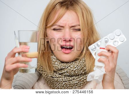 Headache And Fever Remedies. Woman Sick Person Hold Glass Water And Tablets Blister. Take Pills Reli