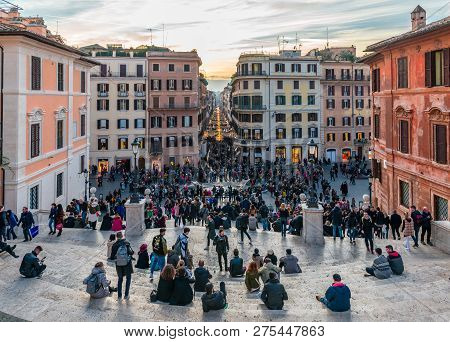Rome / Italy - December 2 2018: View Of The Crowded With People Spanish Steps That Lead To Piazza Di