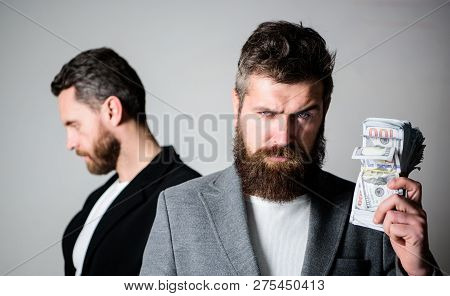 Man Bearded Fraudster Hold Cash Money While Victim Stand Sad Background. While No One Watching. How 