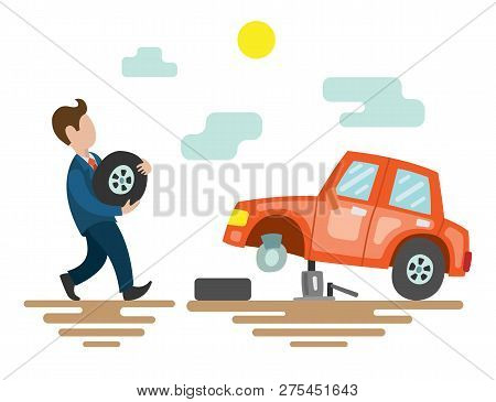 The Man Replaces The Tirel On The Brocen Car. Vector Illustration With A Red Car On The Road.