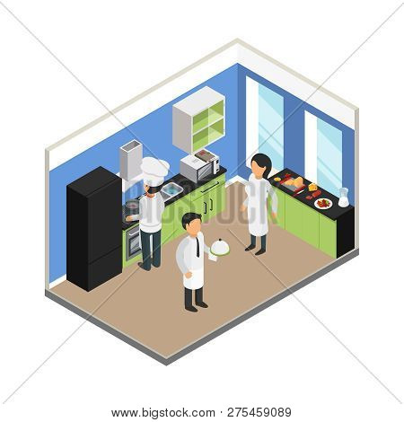 Restaurant Kitchen. Commercial Food Business Eating Equipment Chef Tray Dish Stuff Vector Isometric.