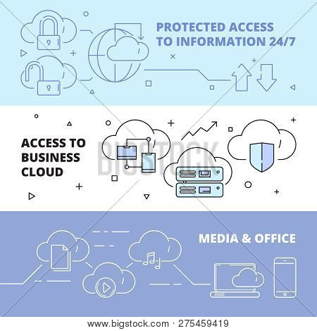 Cloud Technology Banners. Online Software Computer Internet Services Safety Ftp Connection Work Lapt