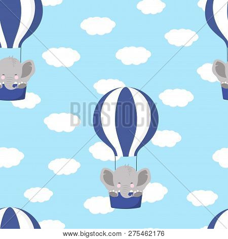 Cartoon Style Pattern Of Funny Elephant On Air Ballon On Backgroung With Clouds, Simple Childish Cha