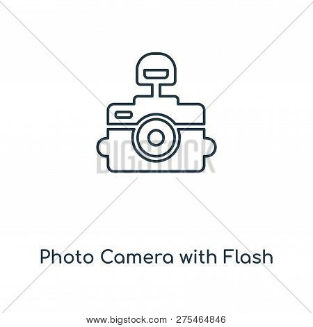 Photo Camera With Flash Icon In Trendy Design Style. Photo Camera With Flash Icon Isolated On White 