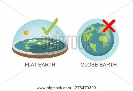 Theory Of Flat Earth. Earth Vs Globe Earth. Vector Illustration. Isolated On White Background. True,