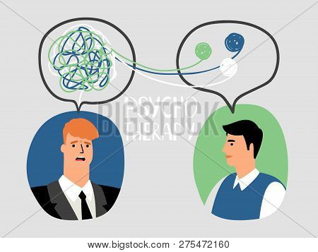 Psychotherapy Concept Illustration With Male Doctor And Parient Avatars, Vector Illustration