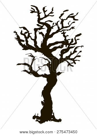 Black Vector Contour Of A Deciduous Curve Bent Knotty Branchy Stylized Tree Without Leaves Object Is