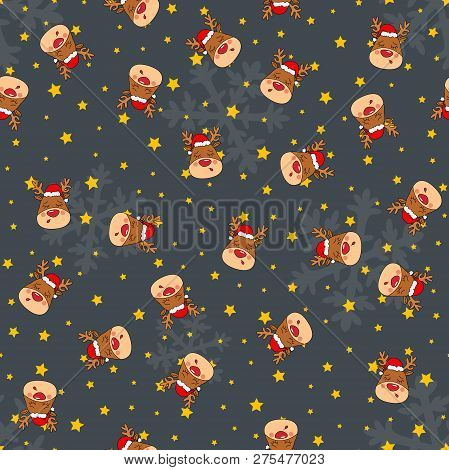 Seamless Christmas Pattern With Rednosed Reindeer On A Background Snowfall And Shooting Stars. Perfe