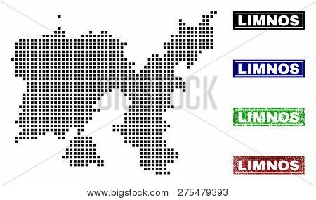 Vector Dot Abstracted Limnos Island Map And Isolated Clean Black, Grunge Red, Blue, Green Stamp Seal