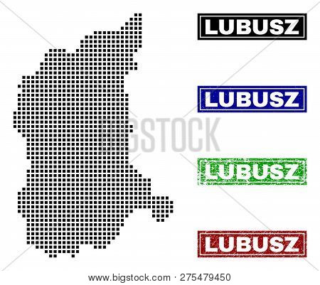 Dot Vector Abstracted Lubusz Voivodeship Map And Isolated Clean Black, Grunge Red, Blue, Green Stamp