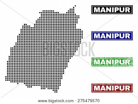 Dot Vector Abstract Manipur State Map And Isolated Clean Black, Grunge Red, Blue, Green Stamp Seals.