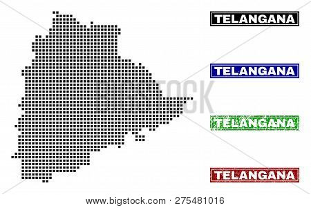 Vector Dot Abstracted Telangana State Map And Isolated Clean Black, Grunge Red, Blue, Green Stamp Se
