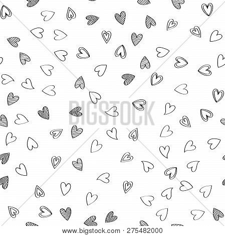 Doodle Lovely Valentines Day Background Seamless Pattern With Cute Hearts. Vector Illustration.