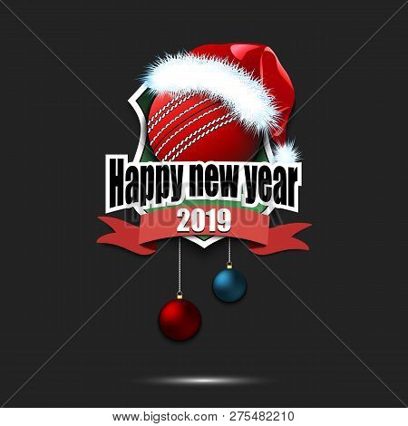 Happy New Year. Cricket Logo Template Design. Cricket Ball With Santa Hat. Pattern For Banner, Poste