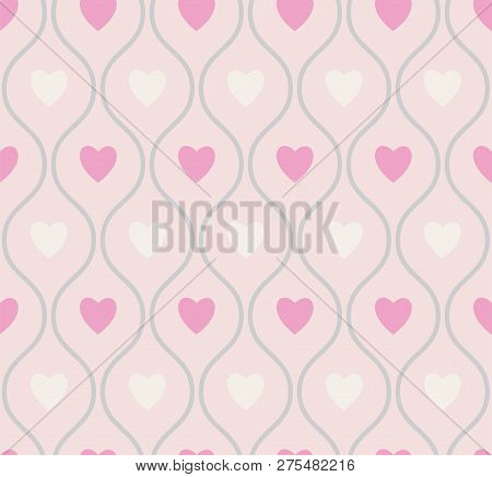 Valentines Day Background Seamless Pattern With Cute Pink Hearts And Waves. Vector Illustration.
