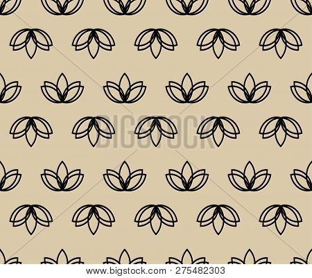 Seamless Lotus Vector On The Beige Background. Geometric Flower Lotos Yoga Pattern