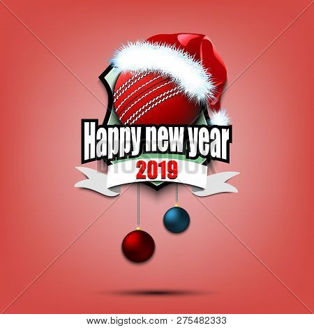 Happy New Year. Cricket Logo Template Design. Cricket Ball With Santa Hat. Pattern For Banner, Poste
