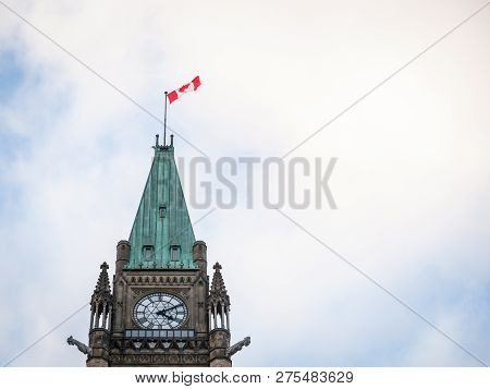 Main Clock Tower Of The Center Block Of The Parliament Of Canada, In The Canadian Parliamentary Comp