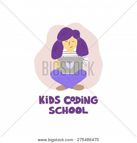 Children Programming Concept With Hand Drawn Purple Lettering. Girl Coding Behind The Laptop. For Co