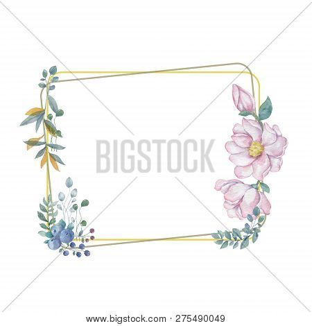 Watercolor Flowers And Leaves Wreath. Gold Frame Illustration. Square Clip Art Branch For Celebratio