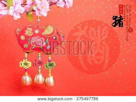 Tradition Chinese cloth doll pig,2019 is year of the pig,Chinese black characters translation: 