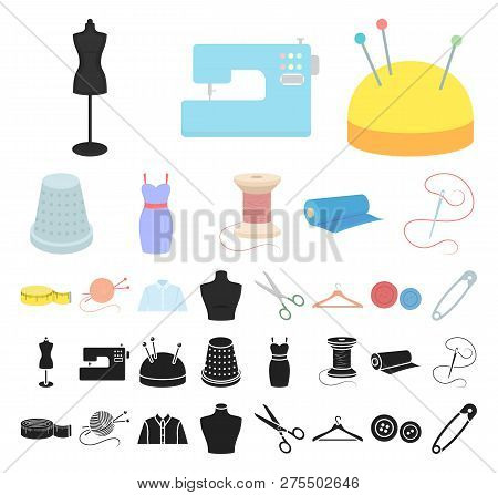 Atelier And Sewing Cartoon, Black Icons In Set Collection For Design. Equipment And Tools For Sewing