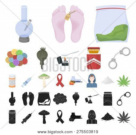 Drug Addiction And Attributes Cartoon, Black Icons In Set Collection For Design. Addict And Drug Vec