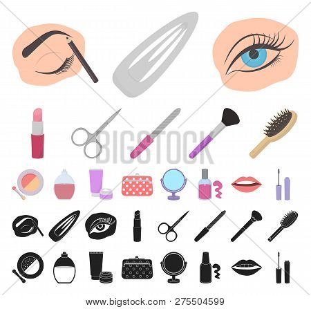 Makeup And Cosmetics Cartoon, Black Icons In Set Collection For Design. Makeup And Equipment Vector 