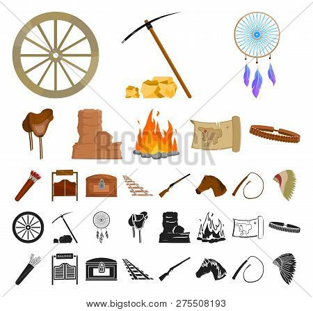 Attributes Of The Wild West Cartoon, Black Icons In Set Collection For Design.texas And America Vect