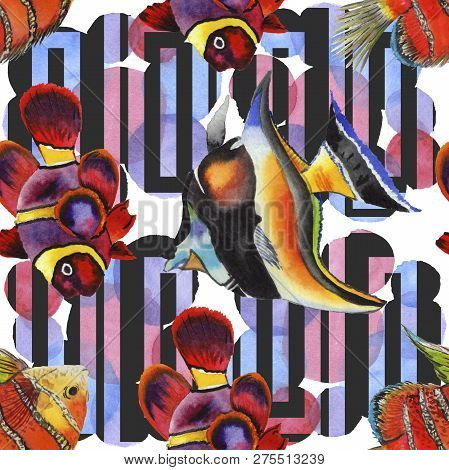 Watercolor Aquatic Underwater Colorful Tropical Fish Illustration Set. Seamless Background Pattern.